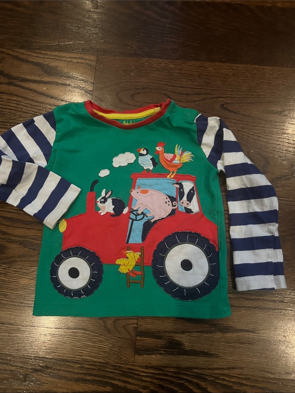 Baby Boden Green Tee with Red Tractor & Navy Stripe Sleeves